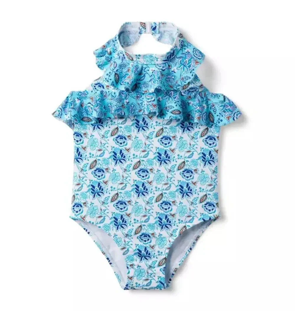 Janie and Jack Blue Radiance Floral Paisley Recycled Halter Swimsuit Girl Size 4